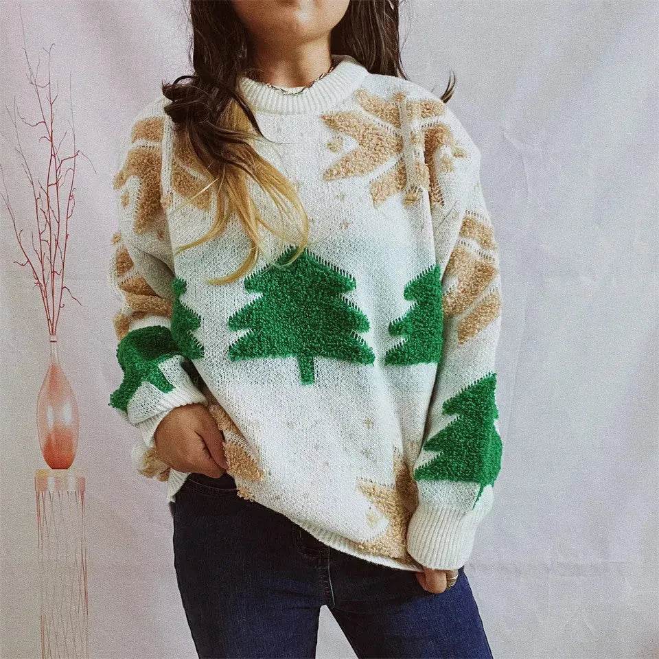Women's Fashion Christmas Tree Jacquard Round Neck Long Sleeve Pullover Sweater top - www.Shopthatapp.com