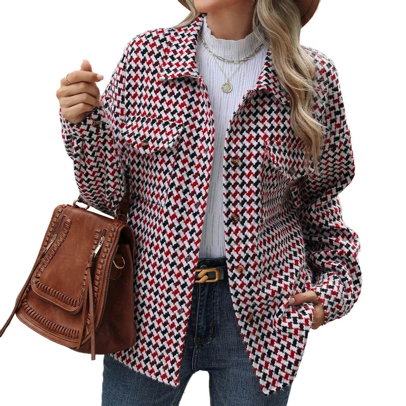 Casual Houndstooth Lapel Tweed Button long sleeve shirt tops for women - www.Shopthatapp.com