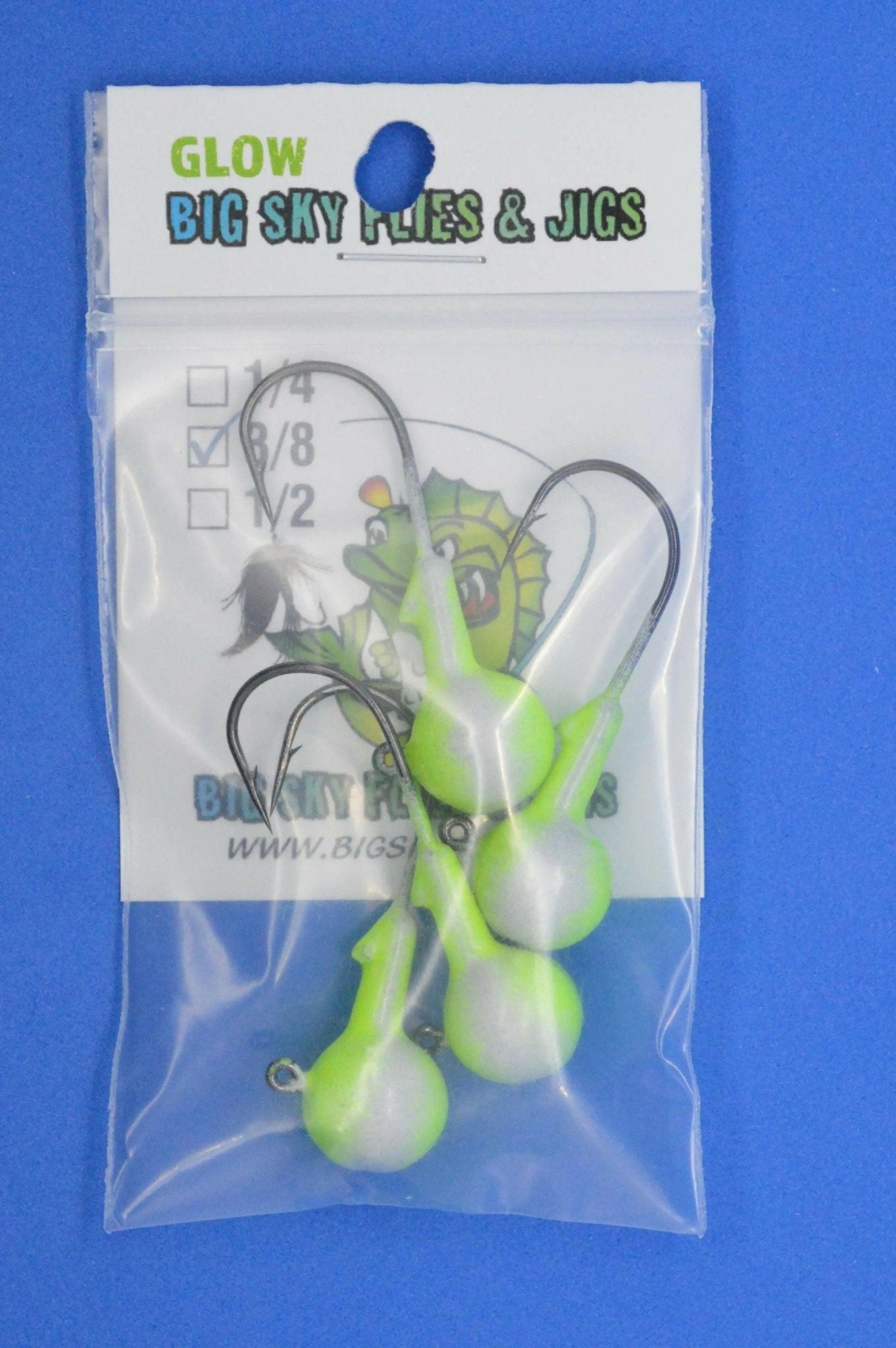 Big Sky Ball Jigs 3/8oz Glow 4/pack - www.Shopthatapp.com