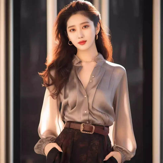 Chic And Beautiful Small Top Gray Blouse Shirt for Women - www.Shopthatapp.com