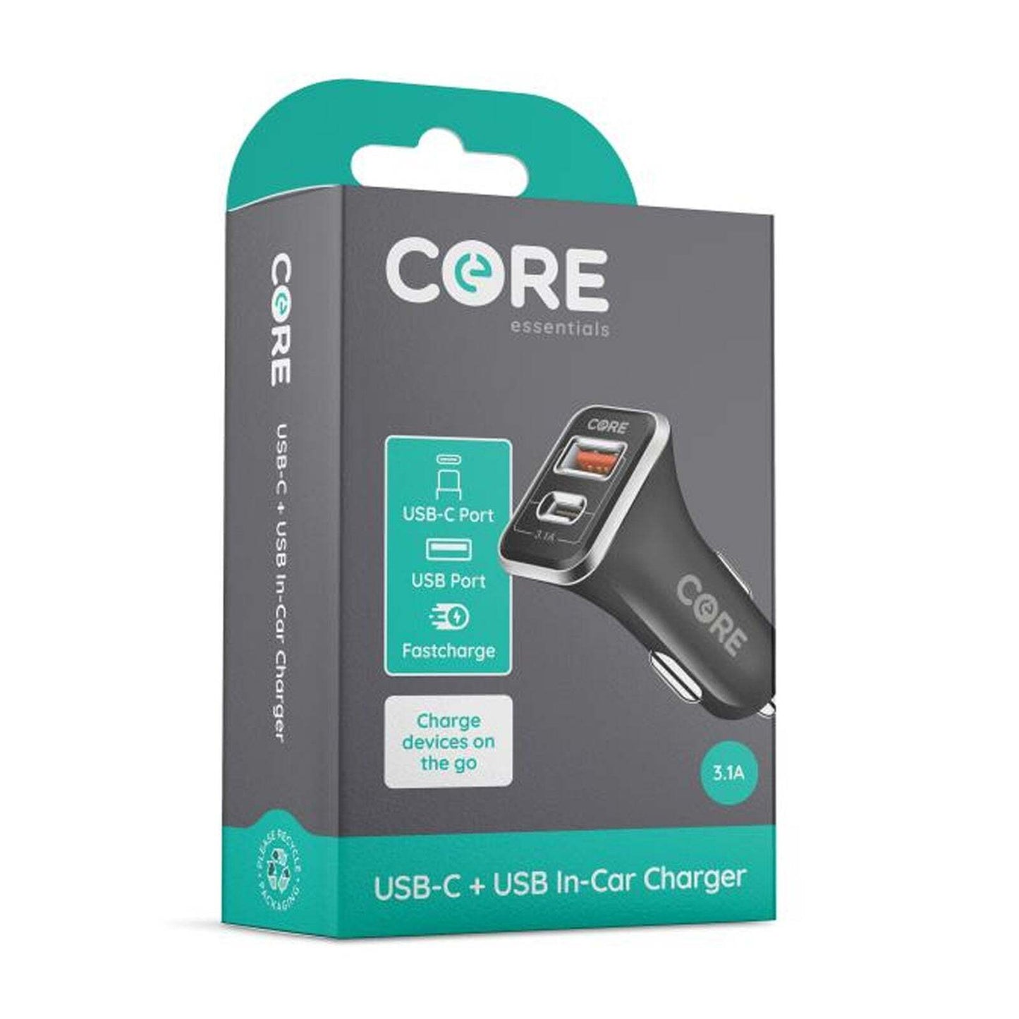 Core 2 Port Car Charger USB-C + USB-A Fast charge your devices on the go - www.Shopthatapp.com