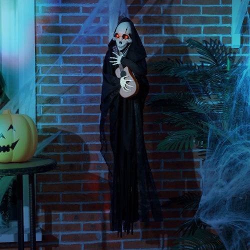 HOMCOM 4.3 Outdoor Halloween Decoration Animatronic Guitar-playing Grim Reaper, Sound And Motion Activated Animated Prop With Light Up Eyes Guitar Music - www.Shopthatapp.com