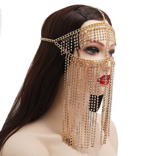 Punk Rhinestone Tassel Fringed Face Mask Head Chains - www.Shopthatapp.com