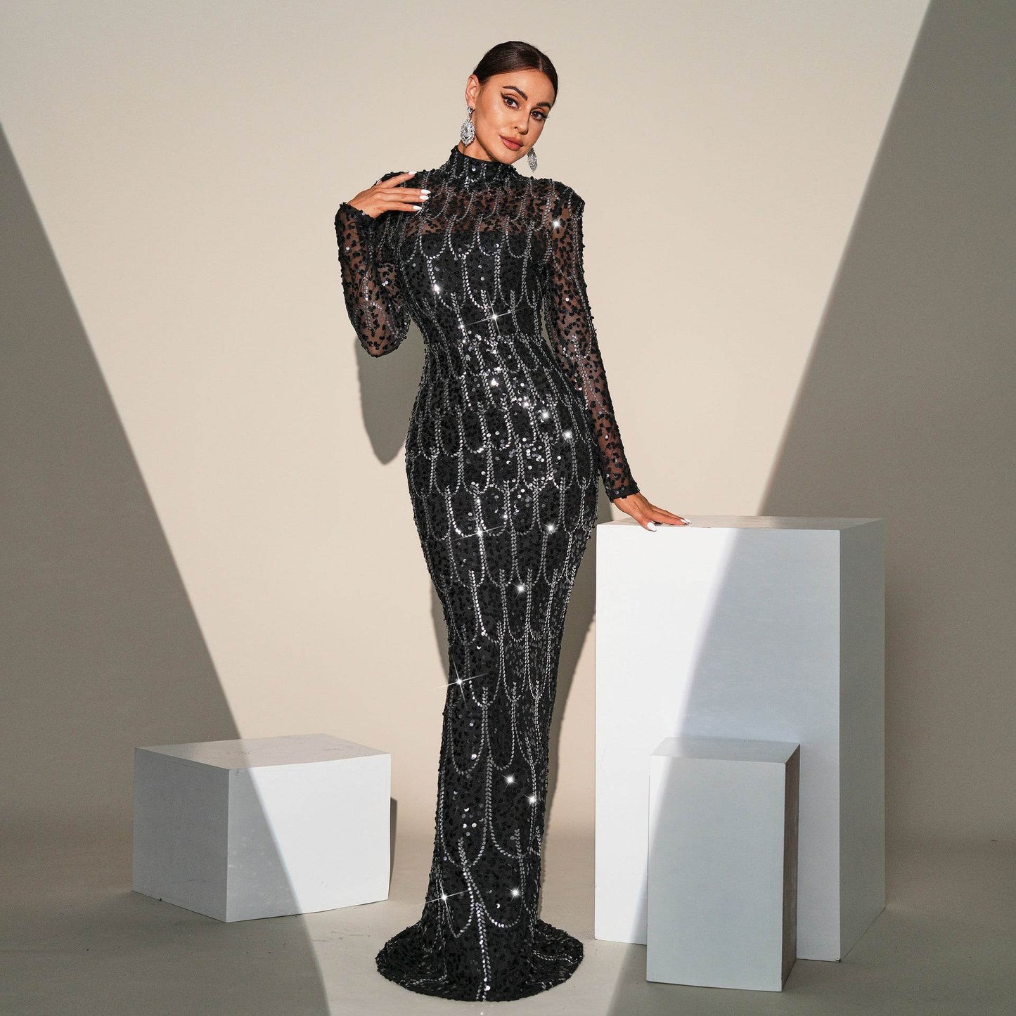 Long Sleeve Slim-fit Sequined Banquet Evening Dress - www.Shopthatapp.com