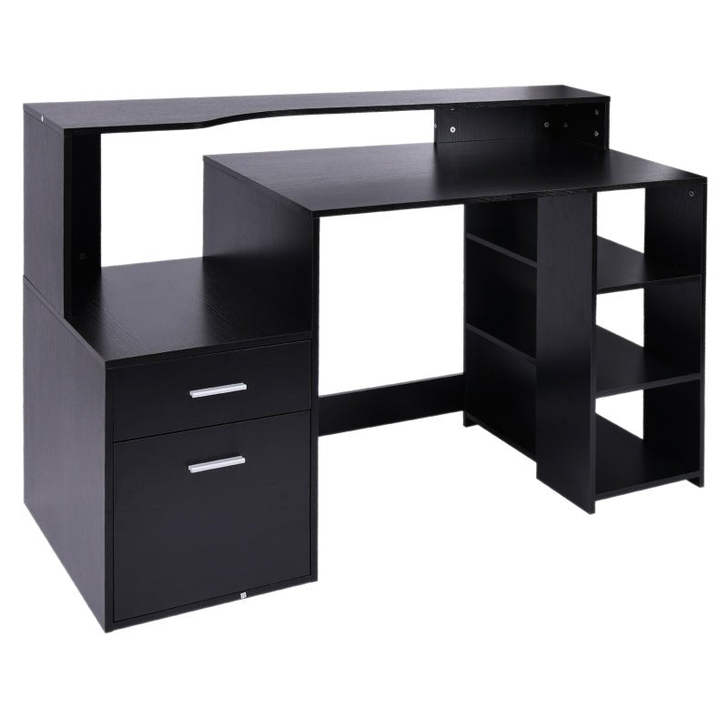 Modern Computer Desk with Drawers and Storage Shelves, Study Workstation, Writing Desk with Printer Stand for Home Office, Black - www.Shopthatapp.com