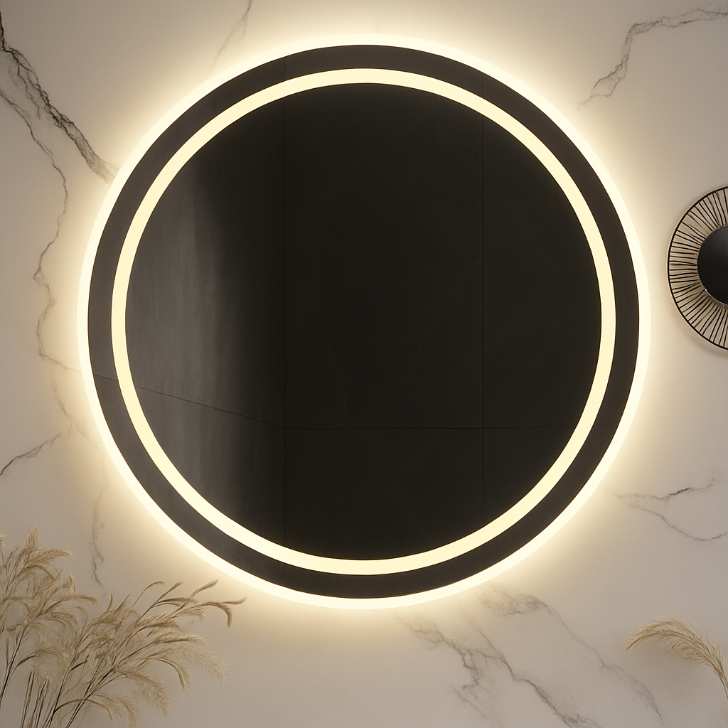 HaloLux Round LED Bathroom Mirror — Frosted Front-Light Ring + Back-Lit Halo, Dimmable, Anti-Fog & Memory (3000K/4000K/5000K) | 24″, 28″, 32″ | CE & ETL Certified - www.Shopthatapp.com