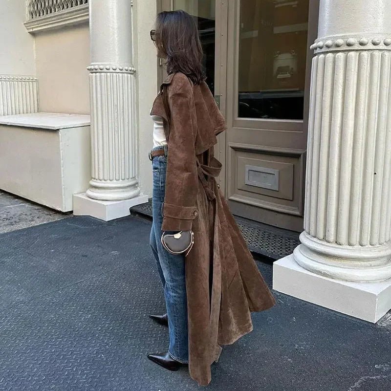 Casey Double Breasted Lapel Shift Suede Coat With Belt - www.Shopthatapp.com