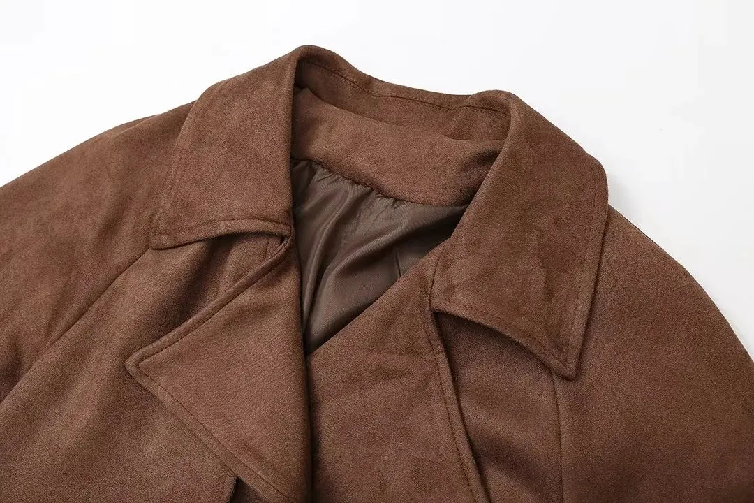 Casey Double Breasted Lapel Shift Suede Coat With Belt - www.Shopthatapp.com