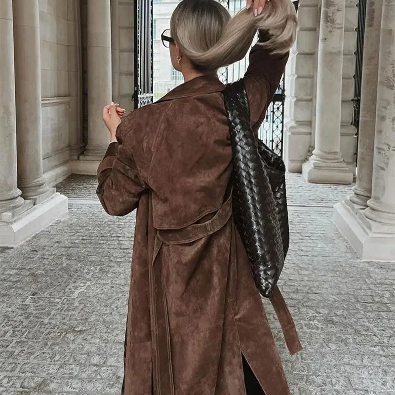 Casey Double Breasted Lapel Shift Suede Coat With Belt - www.Shopthatapp.com