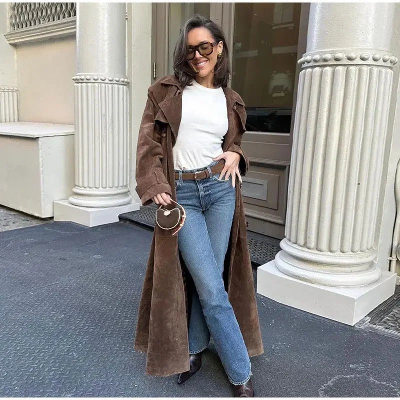 Casey Double Breasted Lapel Shift Suede Coat With Belt - www.Shopthatapp.com
