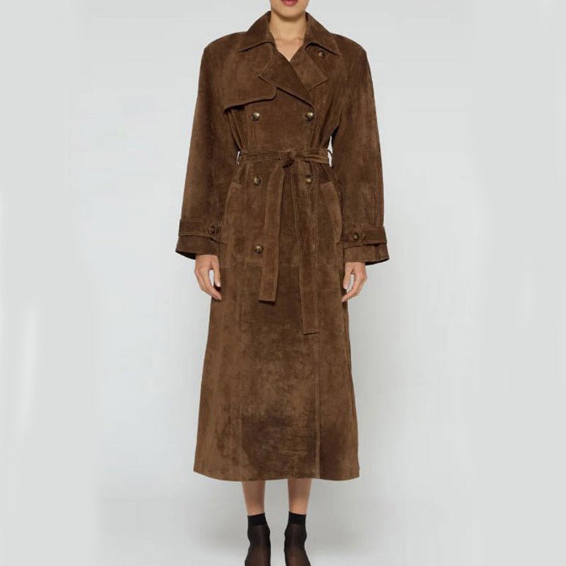 Casey Double Breasted Lapel Shift Suede Coat With Belt - www.Shopthatapp.com