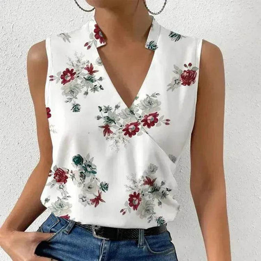 Casual Printed Tops Summer V-neck Sleeveless blouse evening top women - www.Shopthatapp.com