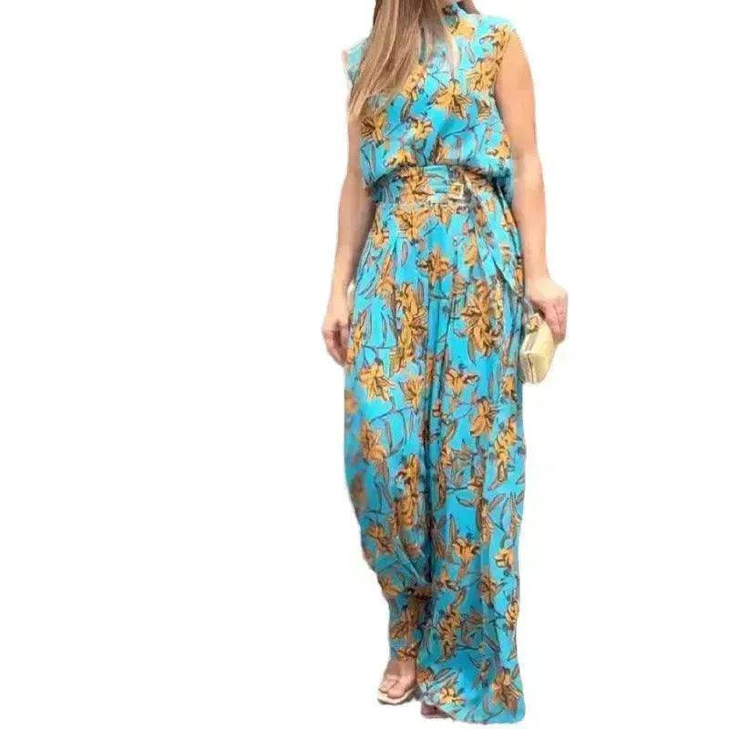 Casual Style Sleeveless High-waisted 2pcs floral Trousers set Women - www.Shopthatapp.com
