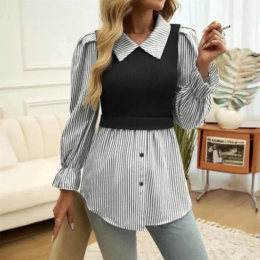 Women's Casual Contrast Color Stitching Long Sleeve Collar Ladies Evening Top - www.Shopthatapp.com