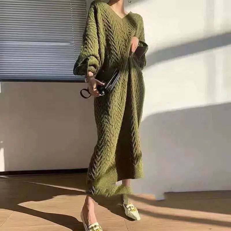 Autumn Winter Knitted V-neck Long Sweater Dress - www.Shopthatapp.com