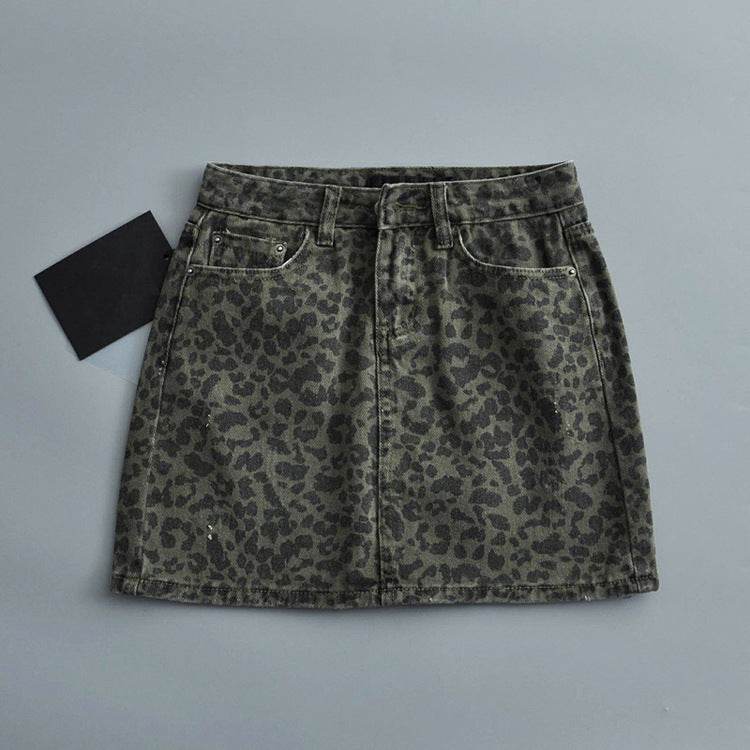 Leopard Print Mini Denim Skirt Women's High Waist Pencil Skirt - www.Shopthatapp.com