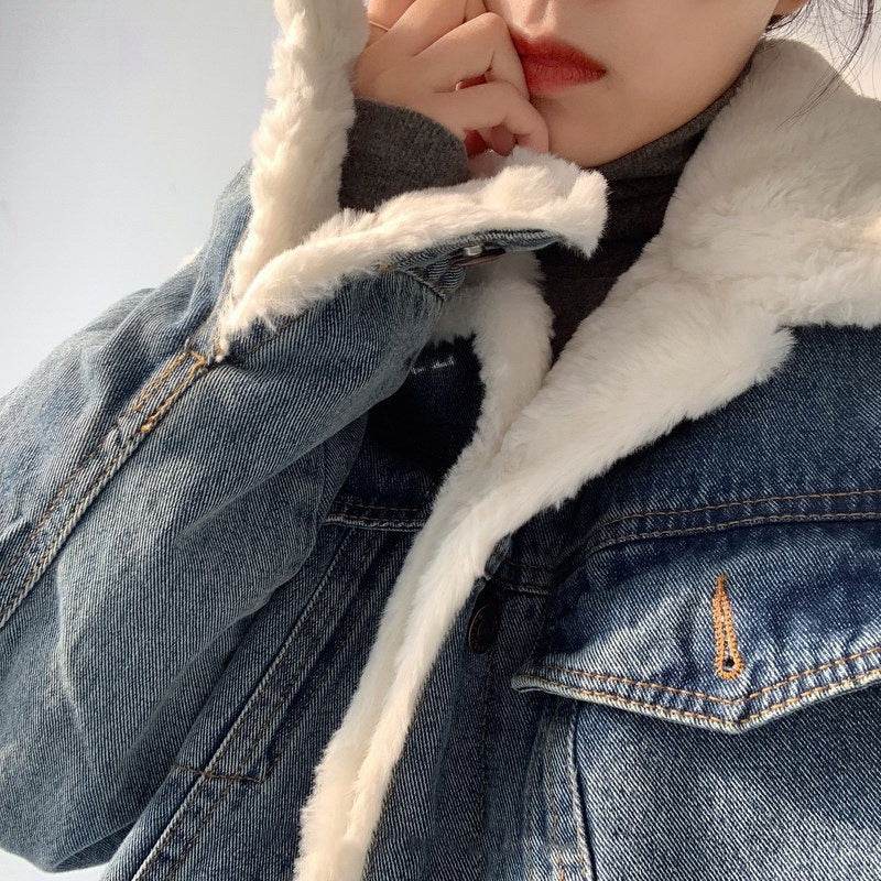 Plush Thick Lamb Wool Denim Jacket Women Short - www.Shopthatapp.com