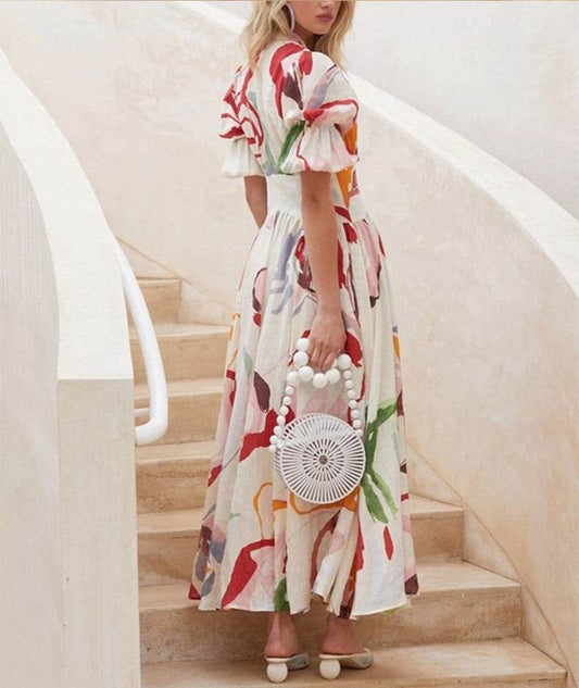 Summer Print Dresses V-neck Button Short Sleeve Midi Dress - www.Shopthatapp.com