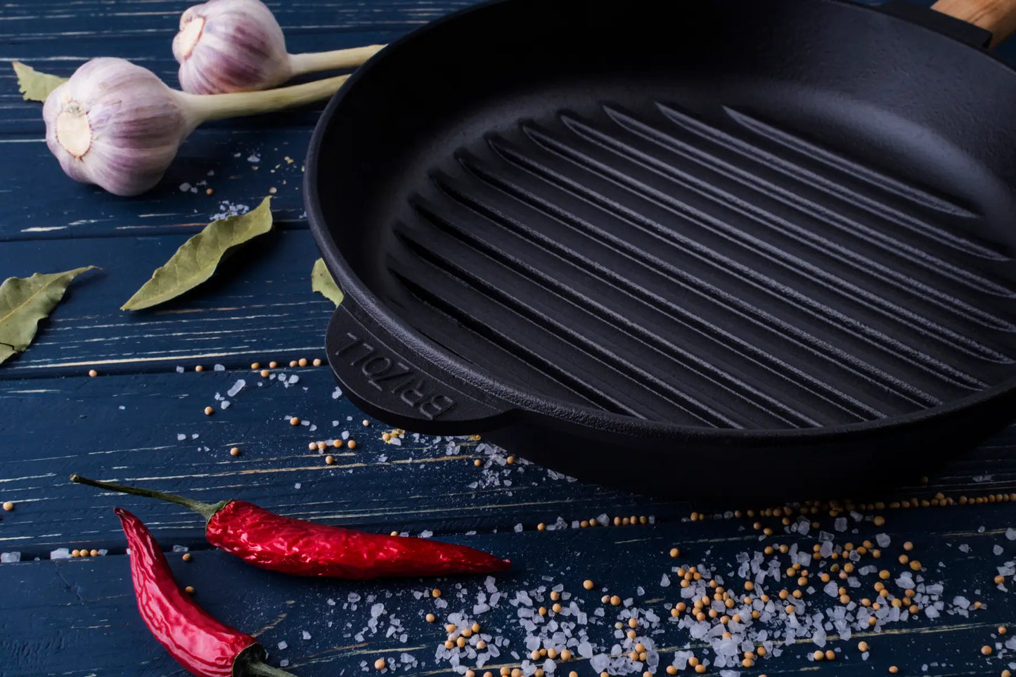 Poêle à griller en fonte de 28 cm avec manche en bois amovible, profondeur 5 cm