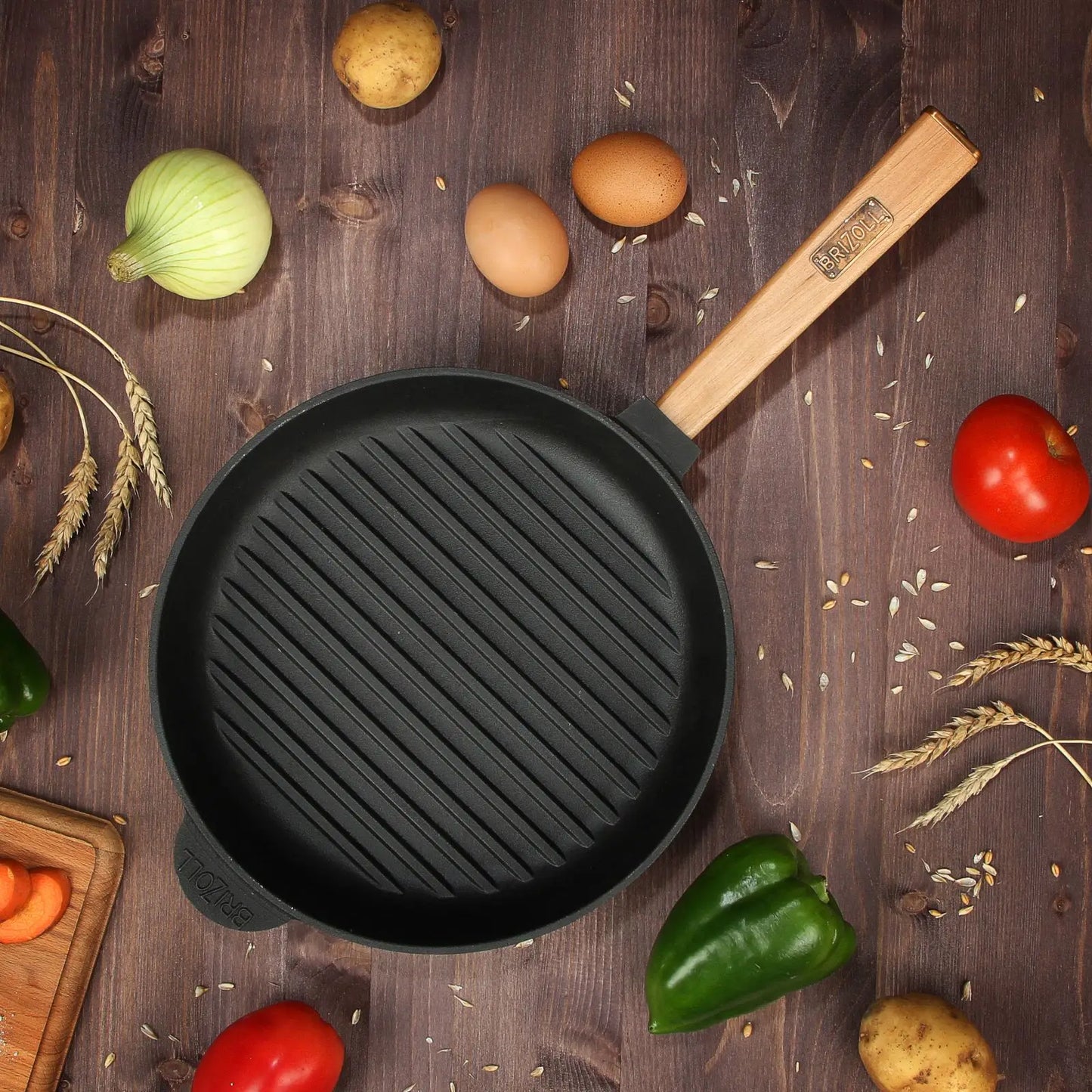 Poêle à griller en fonte de 28 cm avec manche en bois amovible, profondeur 5 cm