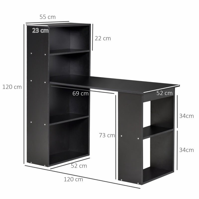 Bureau d'ordinateur moderne de 120 cm, étagère, table d'étude, poste de travail, ordinateur portable, bureau à domicile, 6 étagères, noir