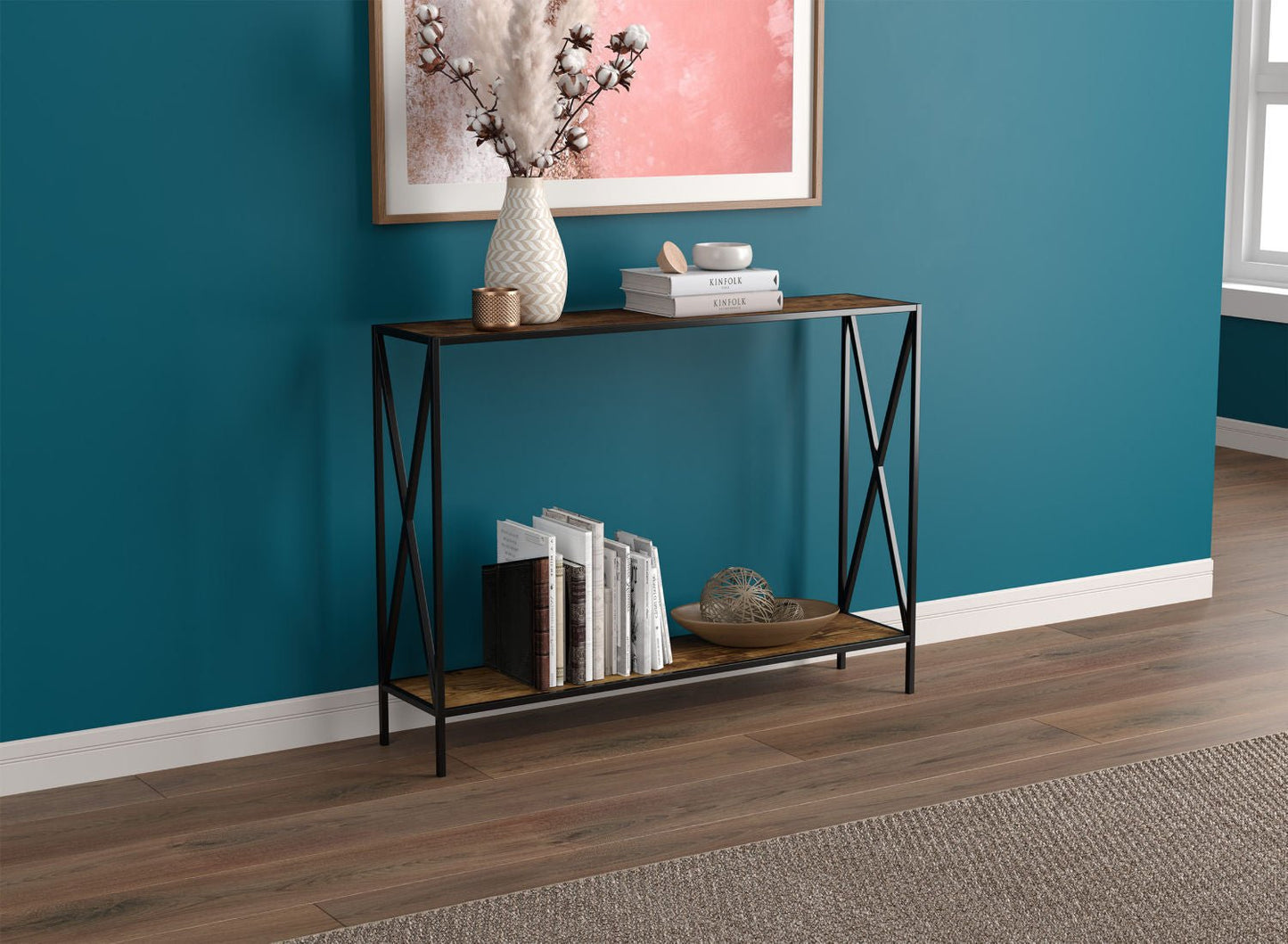 Console de canapé en bois de récupération marron, 1 étagère en métal noir