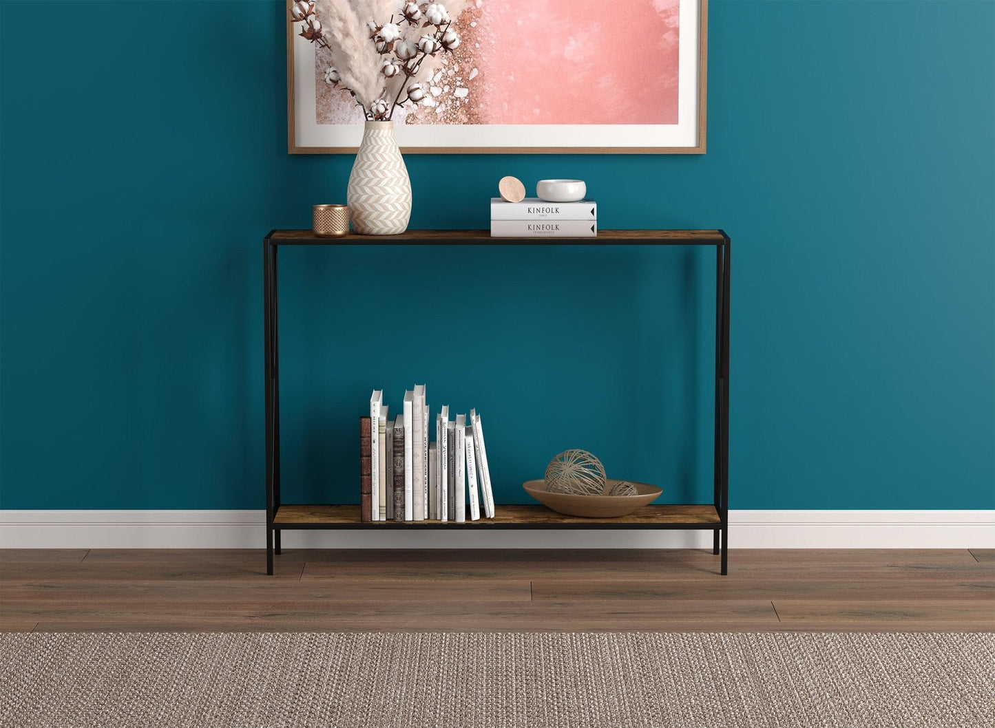 Console de canapé en bois de récupération marron, 1 étagère en métal noir