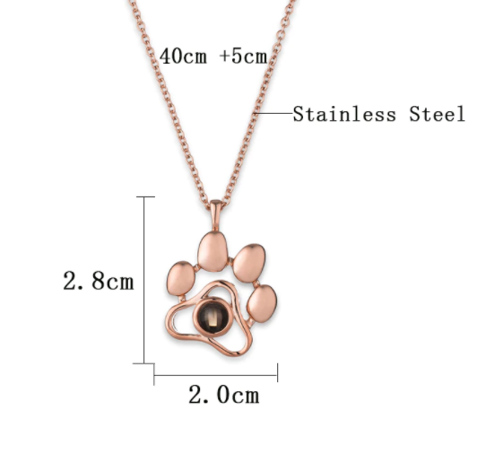 Custom pet photo necklace in rose gold with paw print design, made from stainless steel