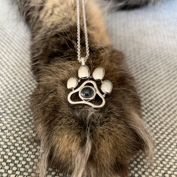 Custom pet photo necklace with a paw print design, ideal for pet lovers to cherish their pets