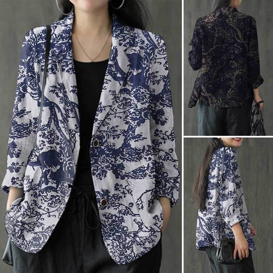 Women's floral Cotton Linen jacket Pocket Blazer - www.Shopthatapp.com