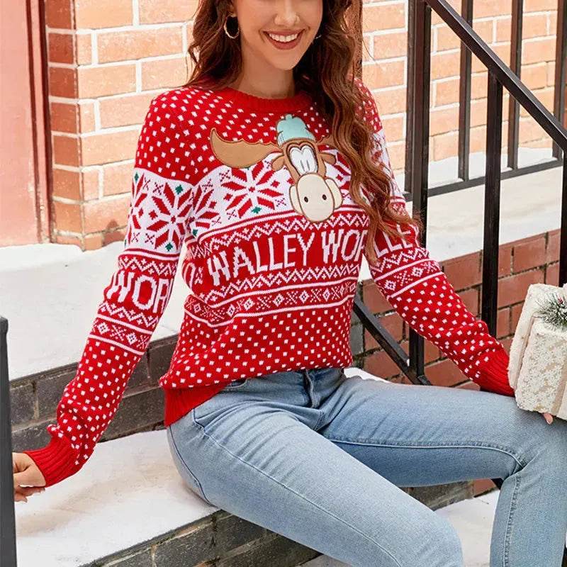 Women's Christmas Sweater Reindeer Xmas Snowflake Christmas Tree Patterns Knitted Sweater Long Sleeve Elk Letter Printed Pullover - www.Shopthatapp.com