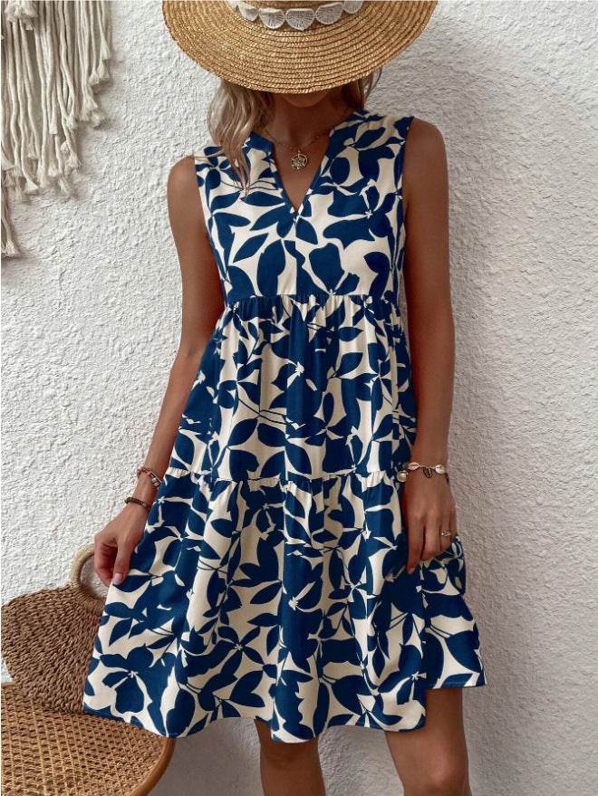 Bohemian Dresses Summer Beach Fashion Loose V-neck Pleated Print Sleeveless Dress For Women - www.Shopthatapp.com