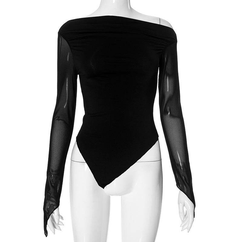 Slant shoulder Micro-transparent Irregular Bodycon top blouse women - www.Shopthatapp.com