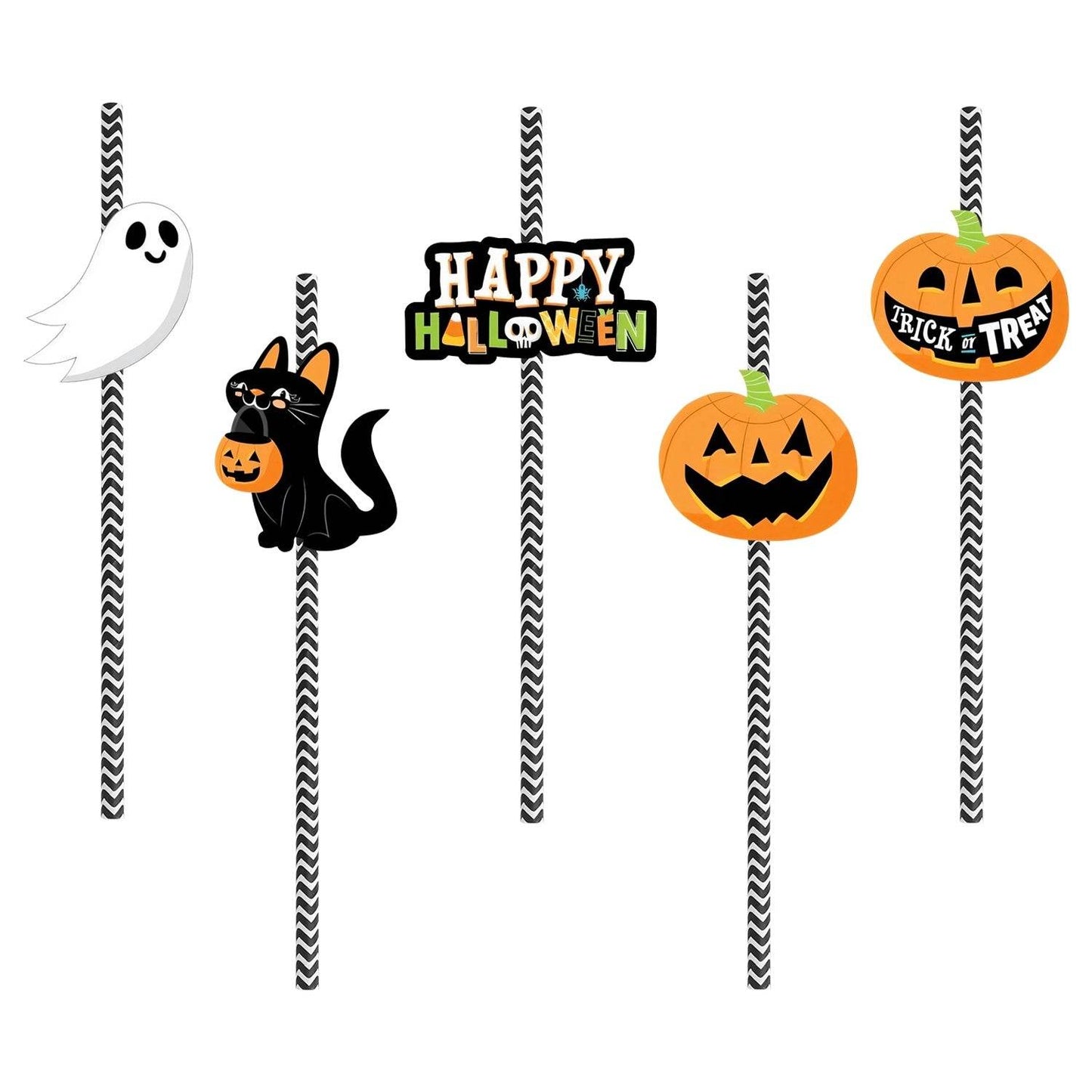 Set Of 25Pcs Halloween Party Striped Decorative Straws Disposable Drinking Straws Paper Straw Decor Happy Halloween Ghost Lantern Black Cat Halloween Party Supplies - www.Shopthatapp.com