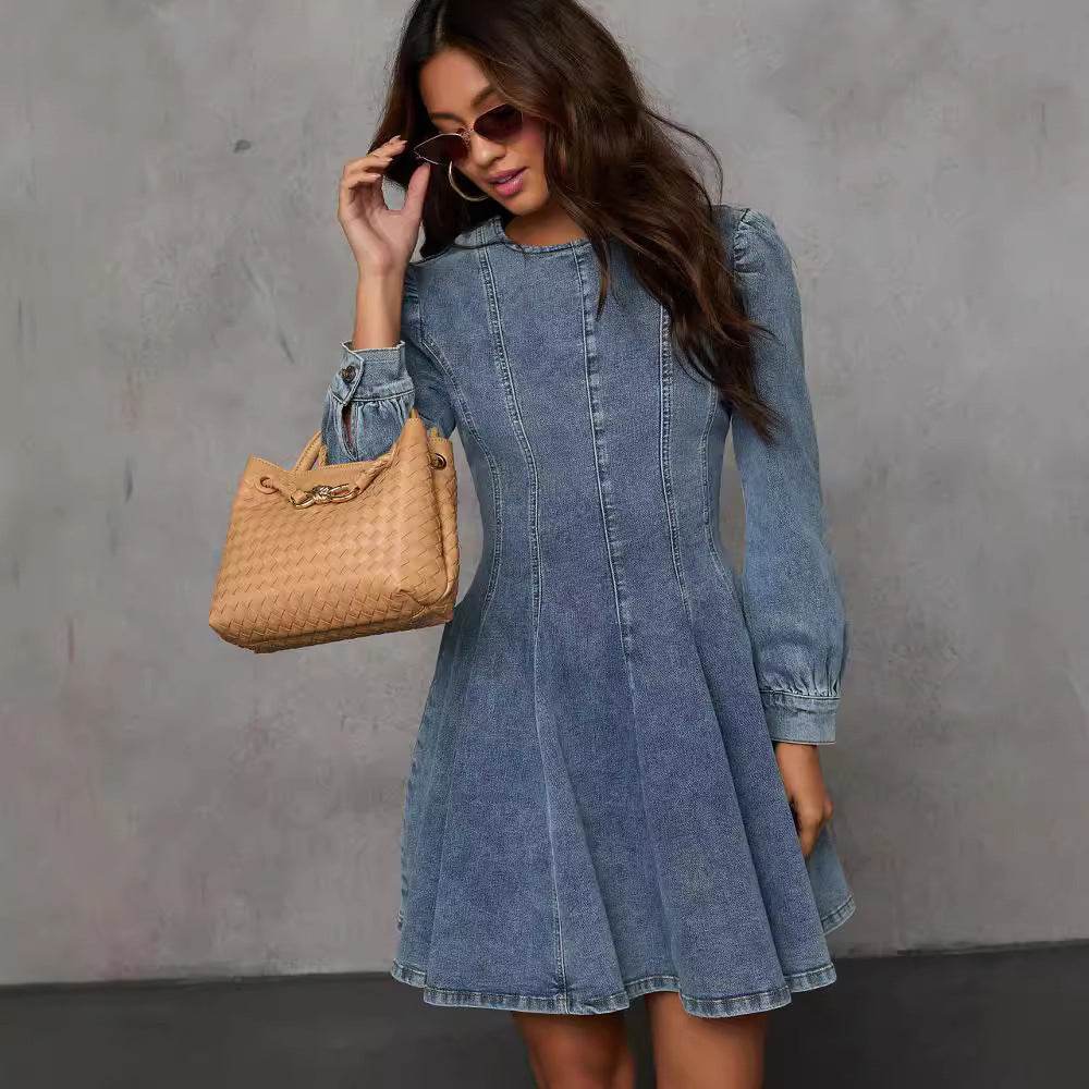 Elegant Patchwork Waist-slimming Women's Denim Long Sleeve Dress - www.Shopthatapp.com