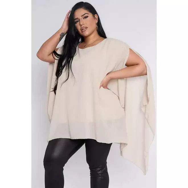 Dahlia PLUS SIZE Beige Sheer Cape Style Batwing Top - www.Shopthatapp.com