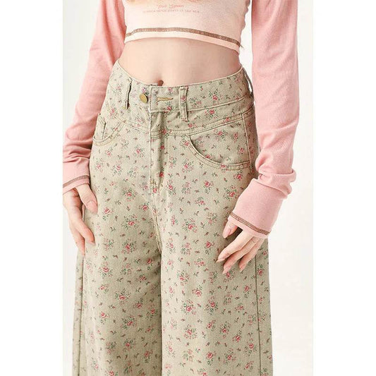 Mint Mambo Green Floral Baggy Jeans Pant For Women - www.Shopthatapp.com
