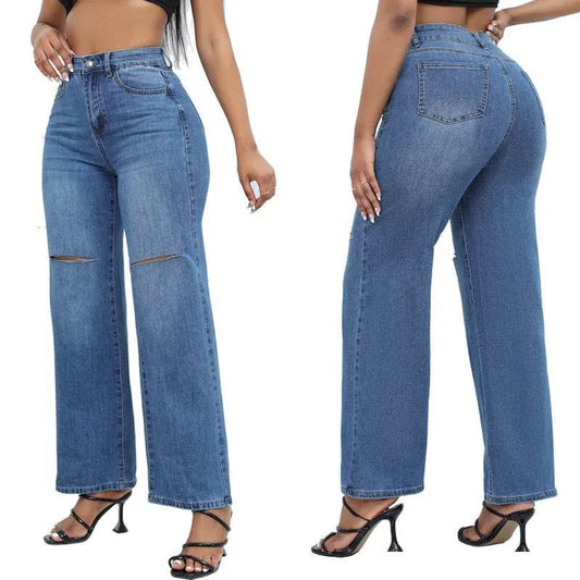 Elegant Ripped Wide-leg Baggy Jeans Pant Women - www.Shopthatapp.com