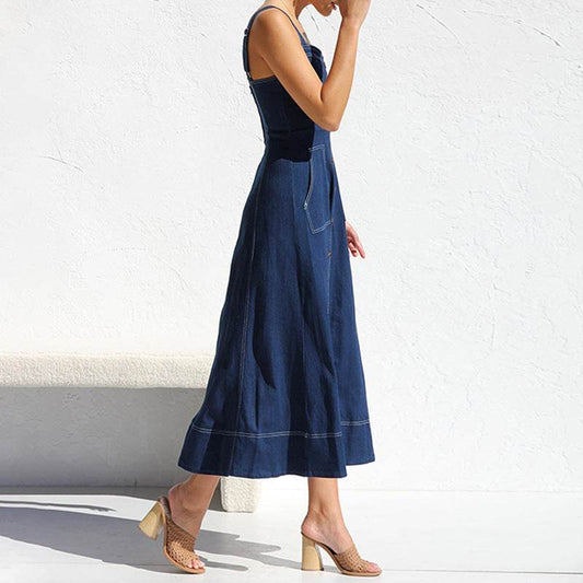Women Sleeveless Sling Distressed Casual Style Button Denim Long Dress - www.Shopthatapp.com