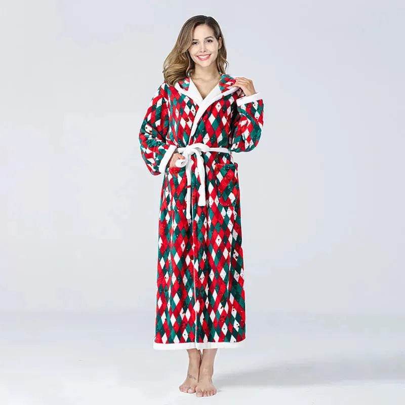 Christmas Sleepwear Women Fleece Hooded Bathrobe Plush Long Robe Winter - www.Shopthatapp.com