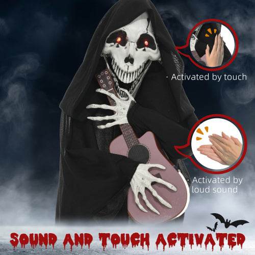 HOMCOM 4.3 Outdoor Halloween Decoration Animatronic Guitar-playing Grim Reaper, Sound And Motion Activated Animated Prop With Light Up Eyes Guitar Music - www.Shopthatapp.com