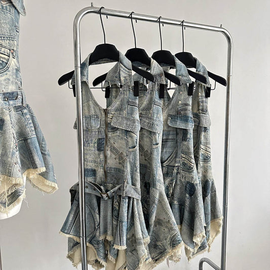 Waist-tight Halter Denim Dress Women's Distressed Retro Slimming Skirt - www.Shopthatapp.com