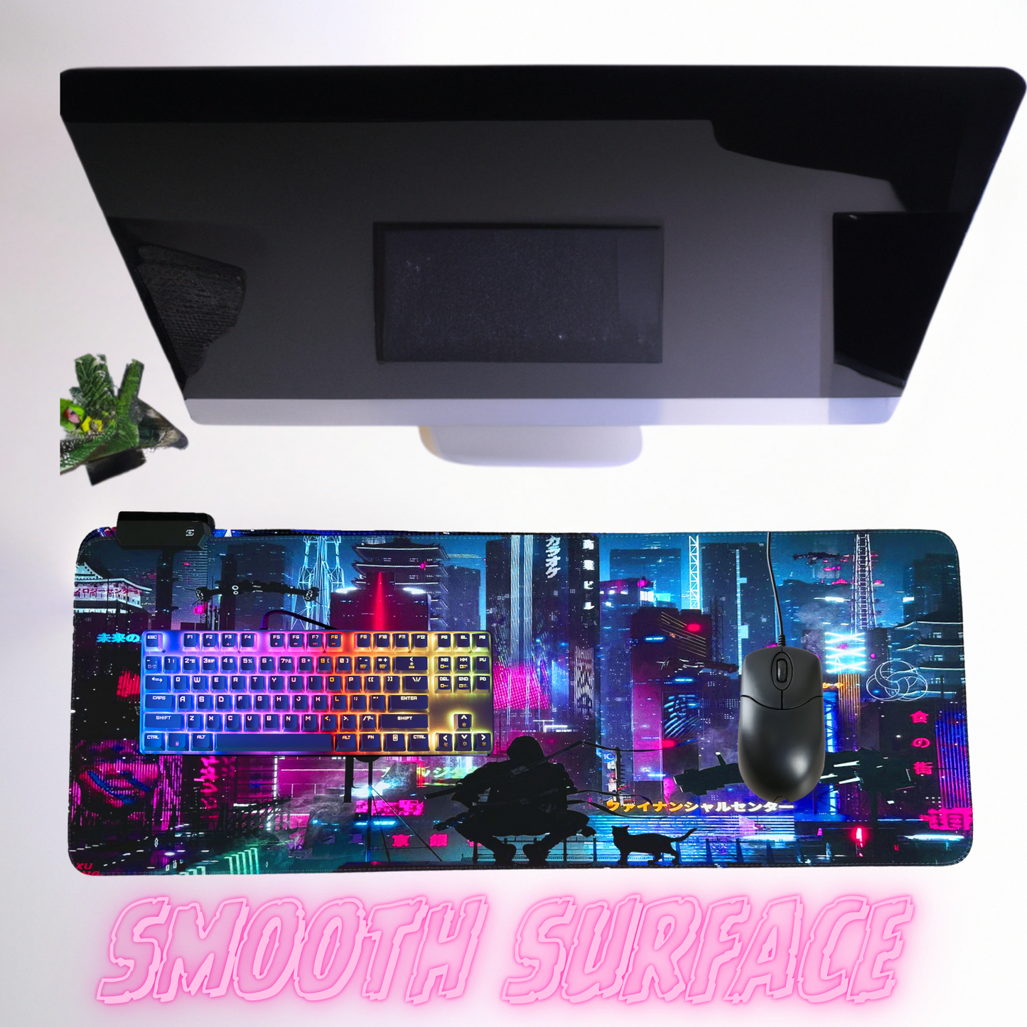 Tapis de souris LED Cyberpunk Night City Dystopian DS2, 7 lumières LED, surface lisse