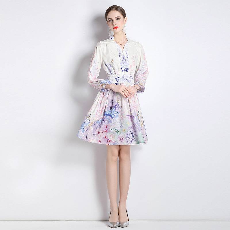 Elegant V-neck Vintage Floral Print Long Sleeves Dress Spring - www.Shopthatapp.com