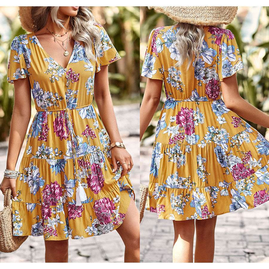Women Casual floral summer dress Printed V-neck short sleeve Mini Dress - www.Shopthatapp.com