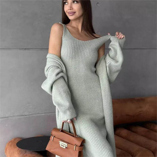 Women 2pcs Winter outfit set Long dress Cashmere Long Cardigan Jacket - www.Shopthatapp.com