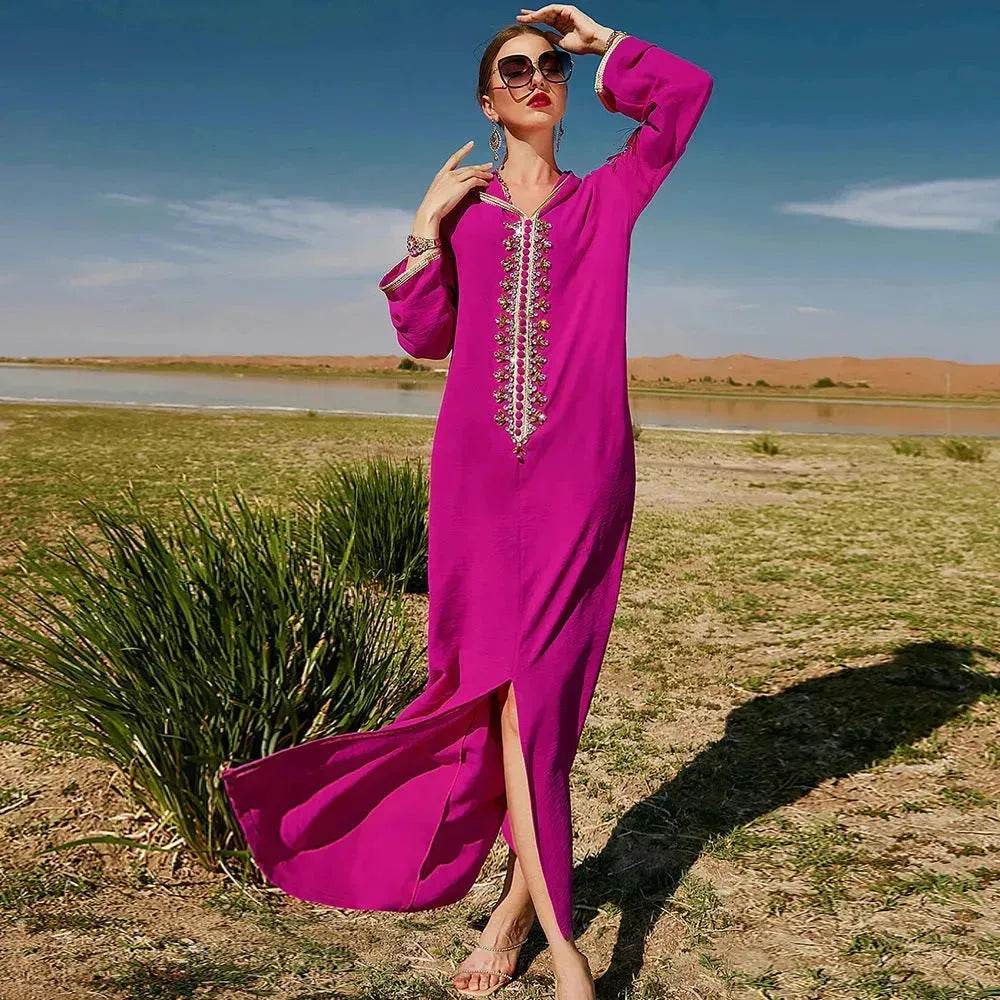 Women's Luxury Rose Red Hooded Middle East Moroccan Dubai Style Dress Fancy Embellish Summer Turkish dress - www.Shopthatapp.com
