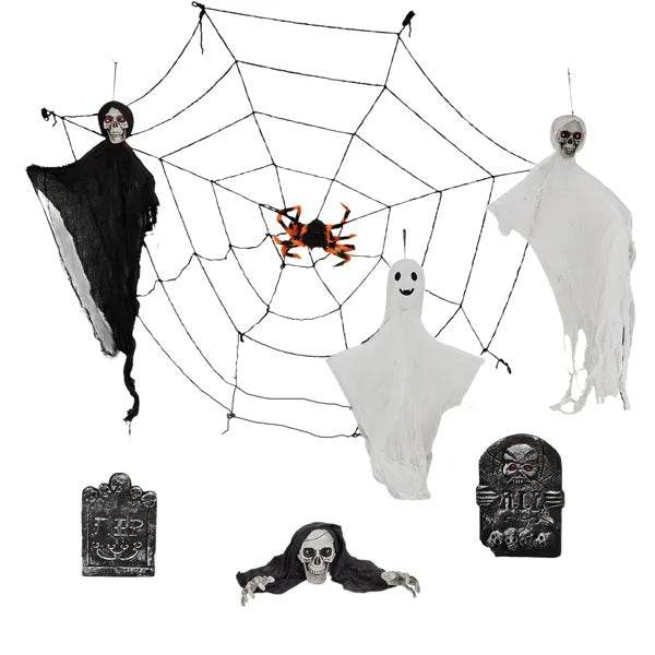 Outdoor Halloween Decorations 8-Piece Set, Hanging Ghosts Decor And Cobweb And Gravestone With Lighted Up Eyes, Scary Swinging Ghost Flying For Yard Patio Lawn Garden - www.Shopthatapp.com