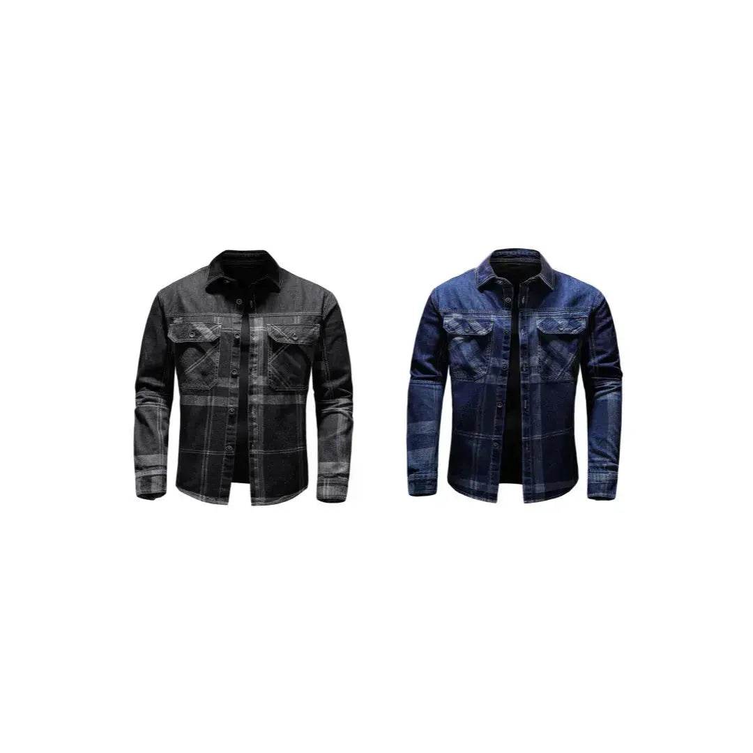 Fashion Plaid Denim Long-sleeved mens denim shirt Slim fit Jeans Shirt for men Denim top for men - www.Shopthatapp.com