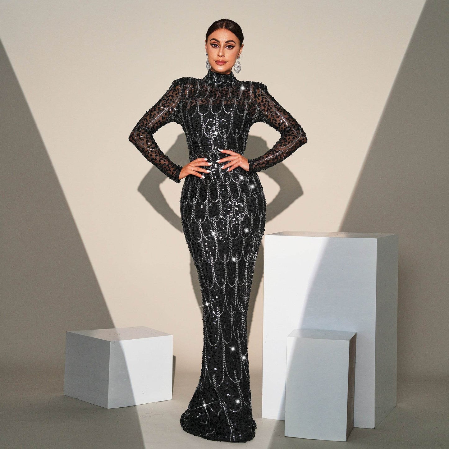 Long Sleeve Slim-fit Sequined Banquet Evening Dress - www.Shopthatapp.com
